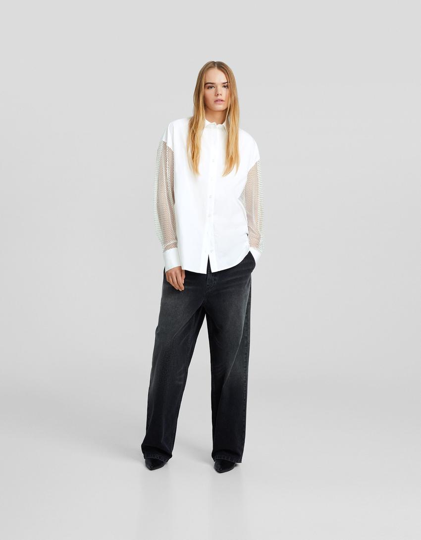 قميص بوبلين فضفاض بأكمام طويلة وتفاصيل شبك بأحجار الراين-أبيض-3