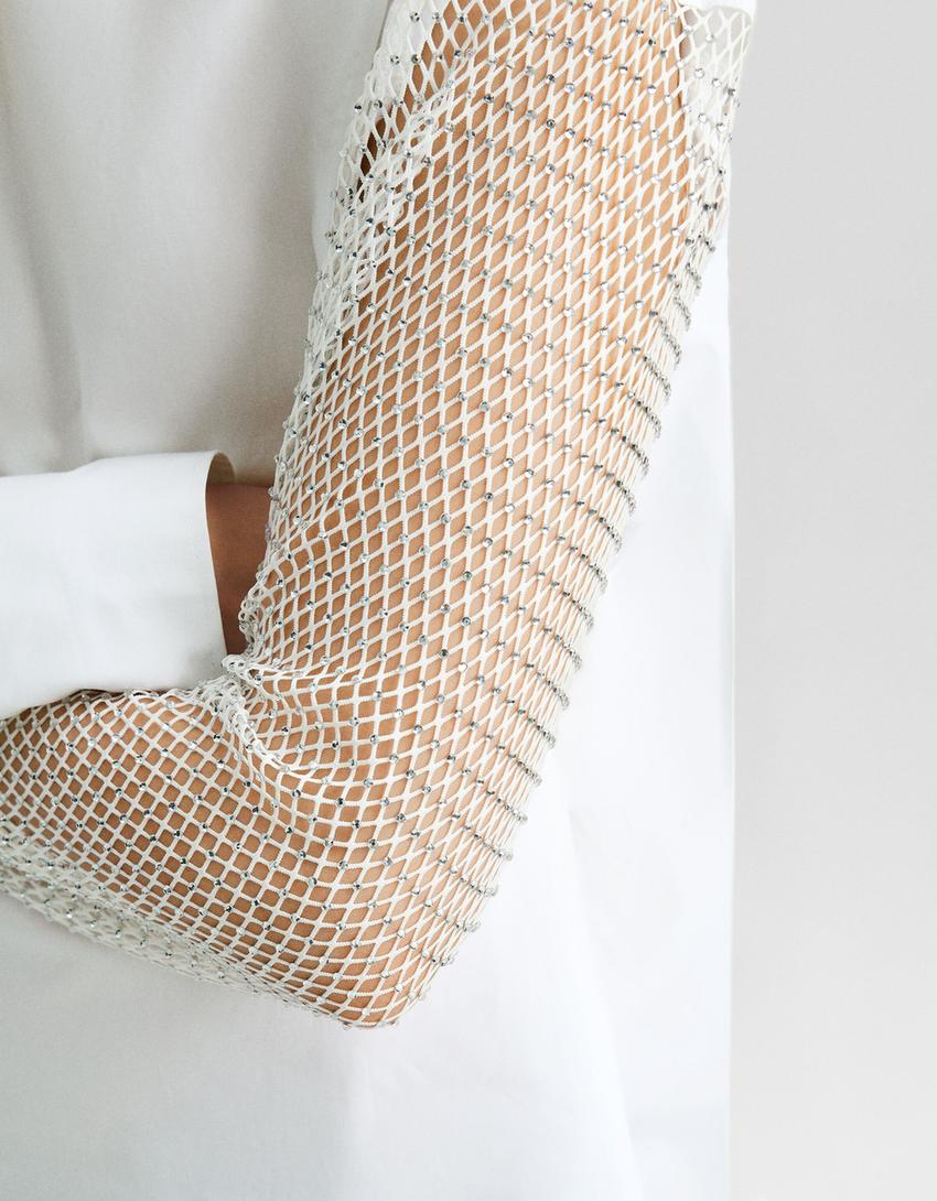 قميص بوبلين فضفاض بأكمام طويلة وتفاصيل شبك بأحجار الراين-أبيض-5