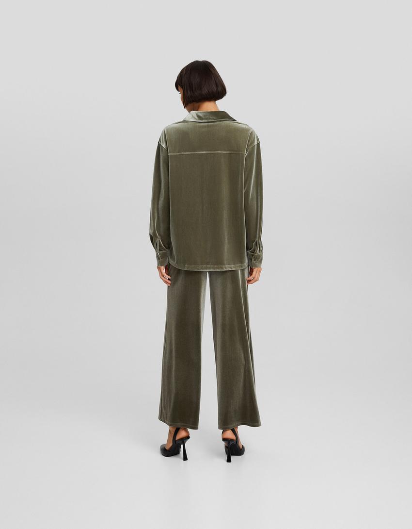 قميص مخملي فضفاض بأكمام طويلة-أخضر-1