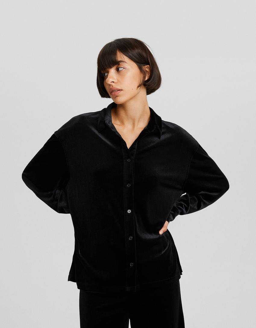 قميص مخملي فضفاض بأكمام طويلة-أسود-0