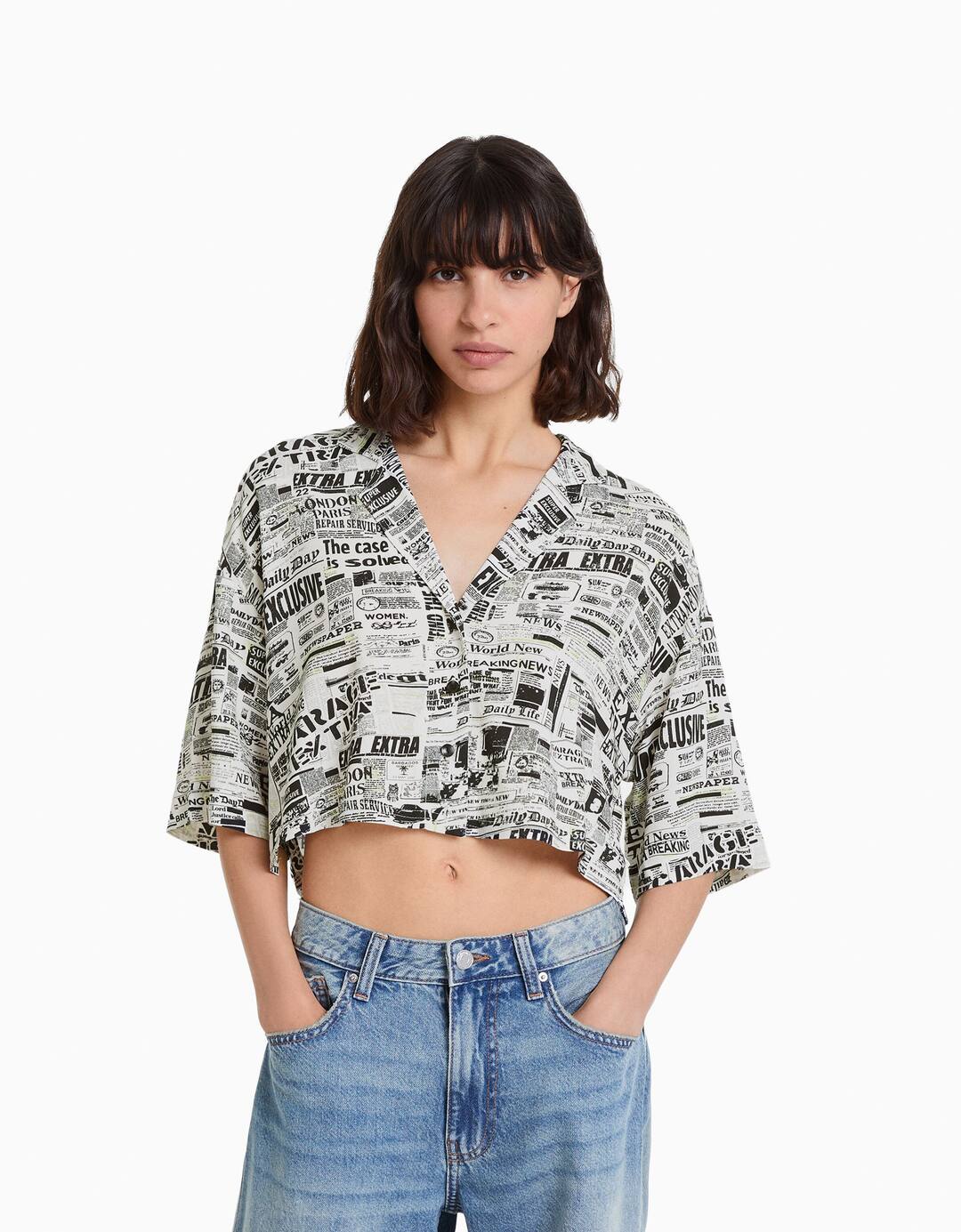 Printed 3/4 sleeve cropped shirt