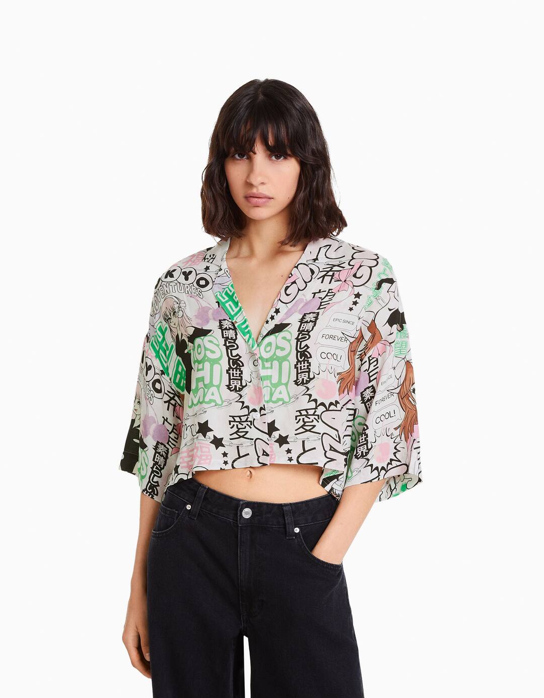 Printed 3/4 sleeve cropped shirt
