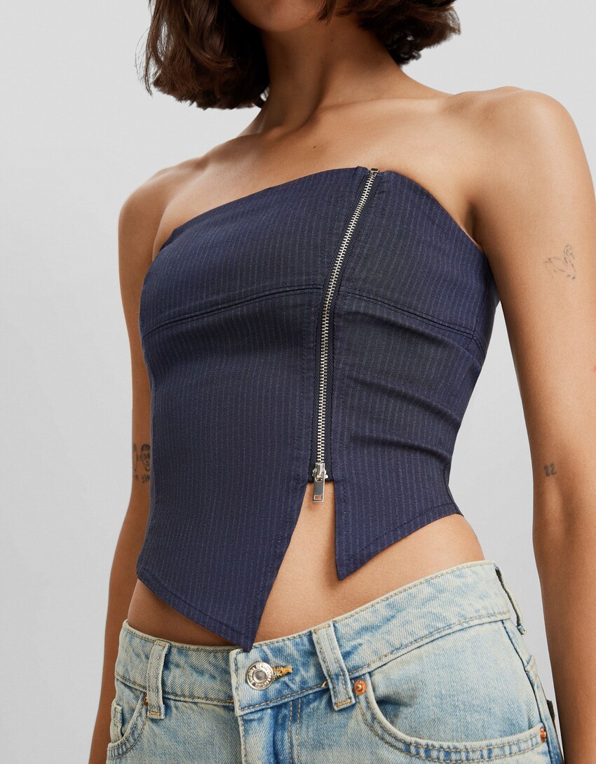 Fitted pinstripe bandeau top-Navy-2