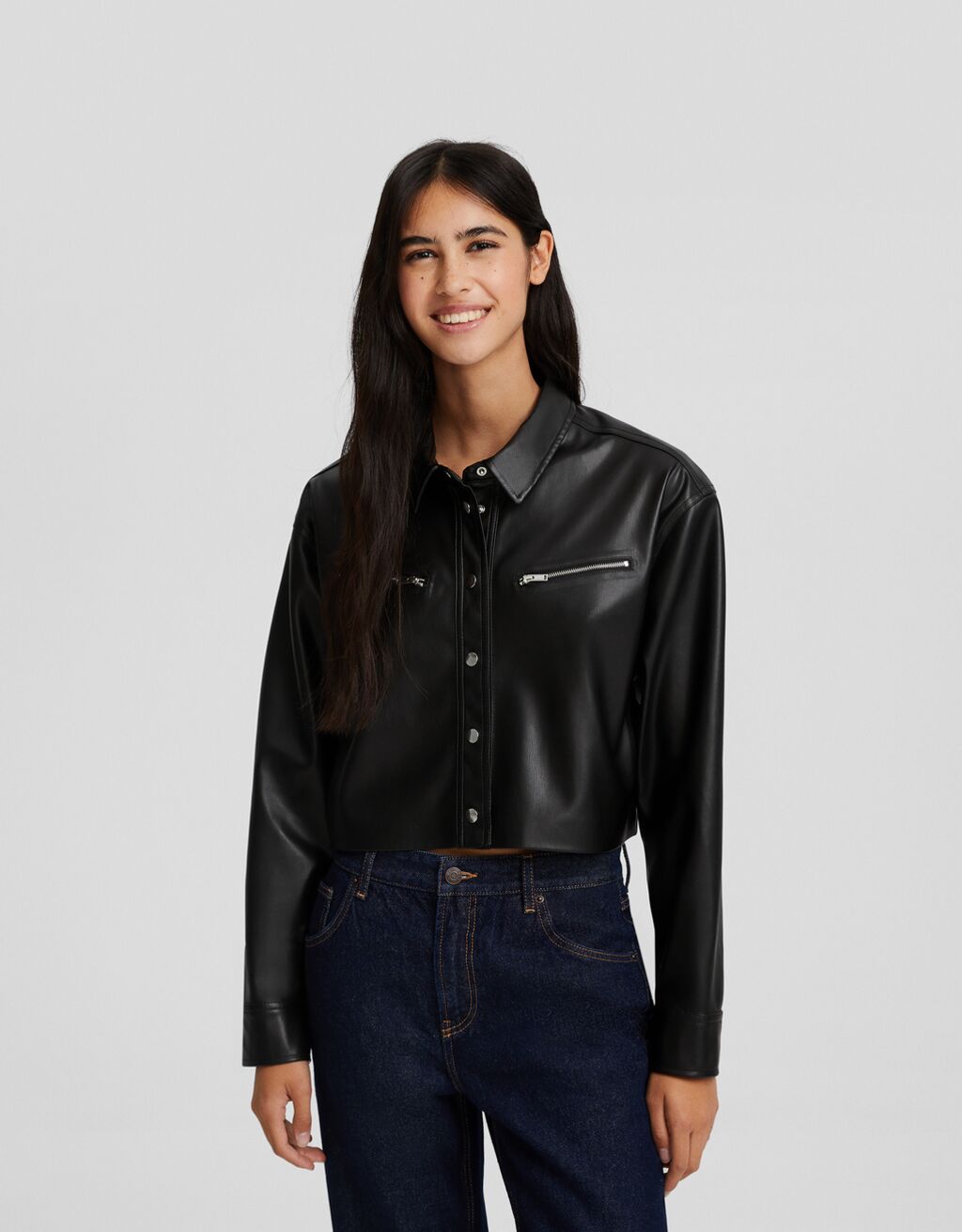 Long sleeve cropped faux leather shirt with zips - Shirts and blouses -  Women