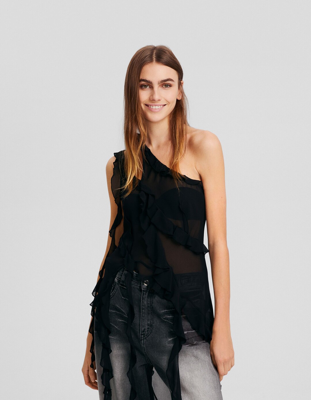 Camicetta asimmetrica chiffon volant arricciati