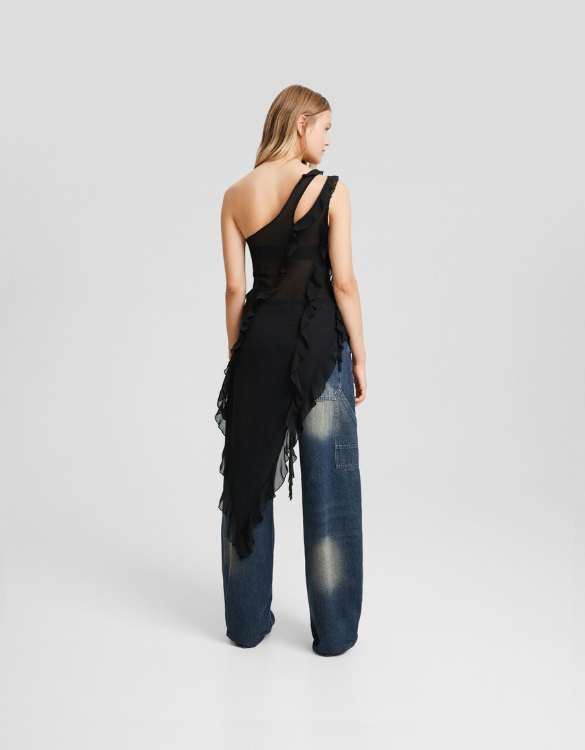 Blusa asimétrica chiffon volantes engurrados-Negro-1