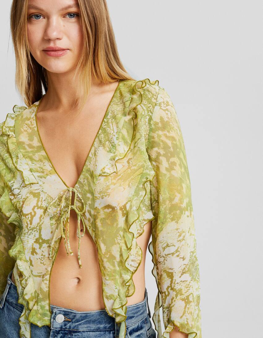 Long sleeve chiffon blouse with ruffles and print-Lime-3