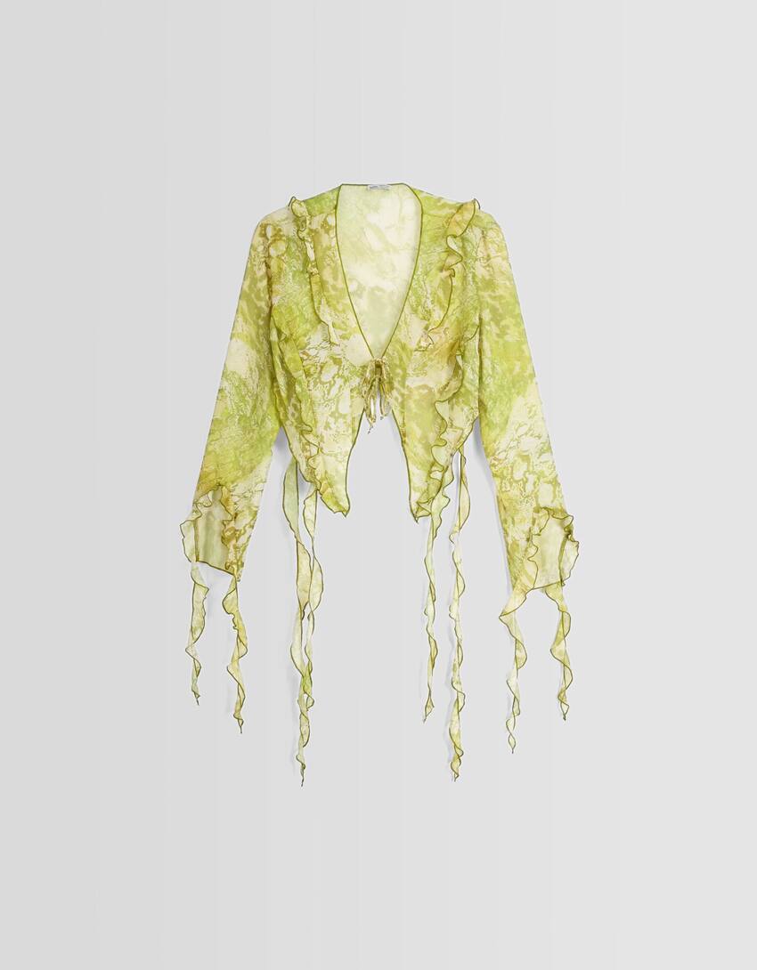 Long sleeve chiffon blouse with ruffles and print-Lime-4