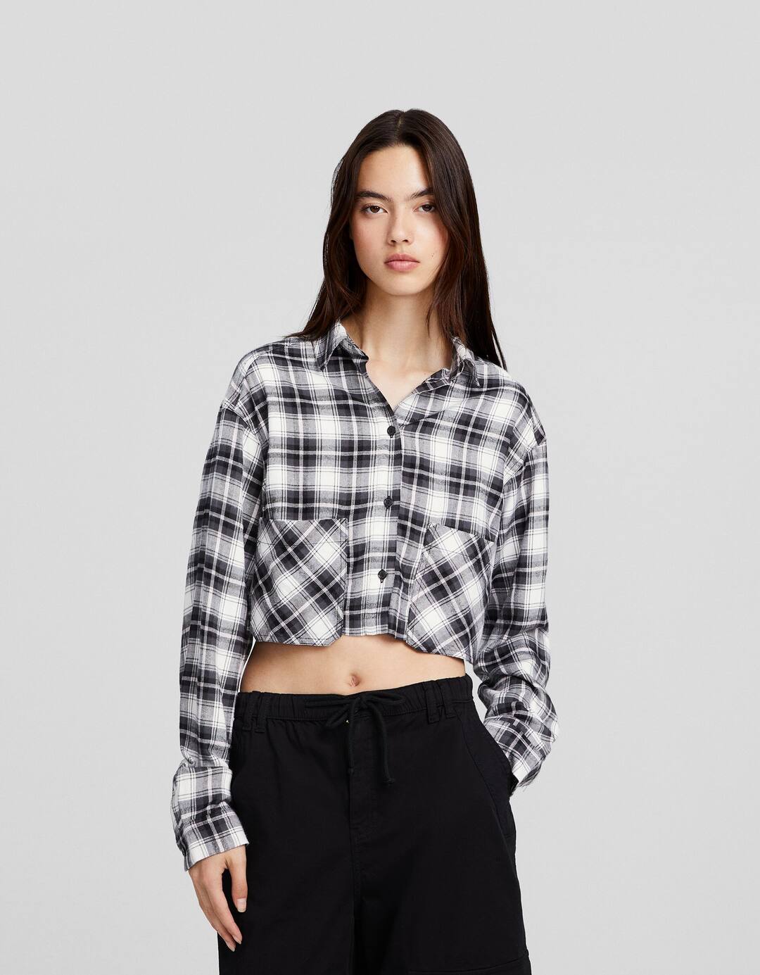 Cropped long sleeve check shirt