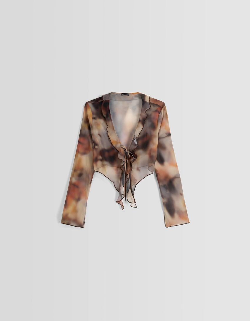 Chiffon ruffled long sleeve blouse-Brown-4