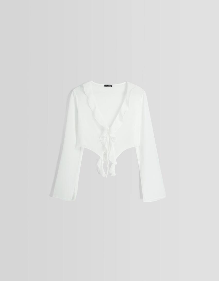 Chiffon ruffled long sleeve blouse-Cream-4