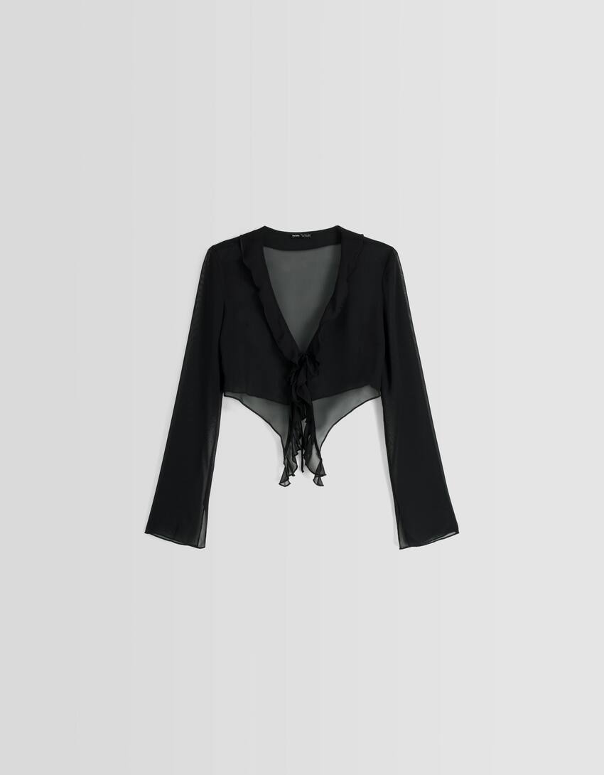 Chiffon ruffled long sleeve blouse-Black-4