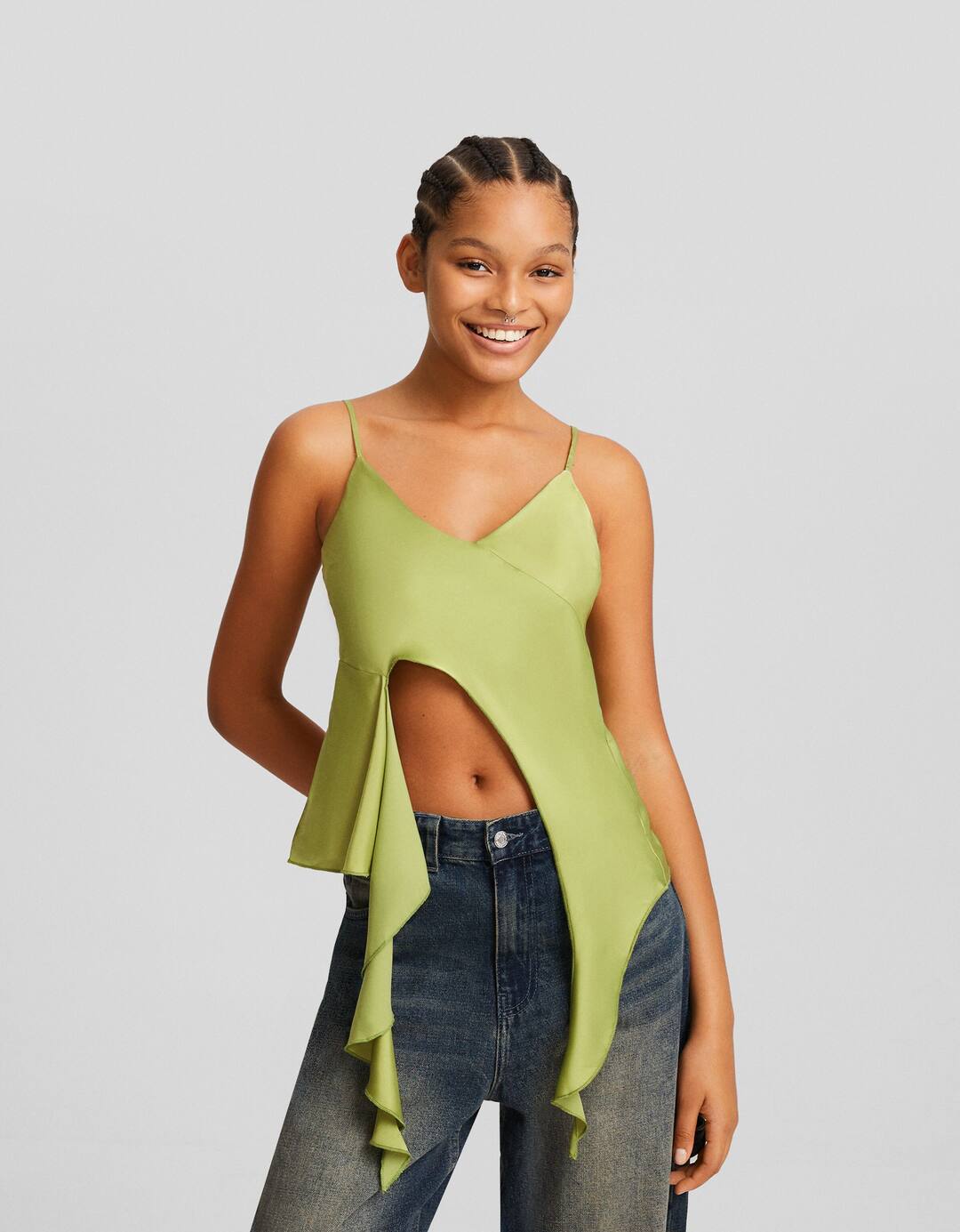 Strappy satin top with ruffles