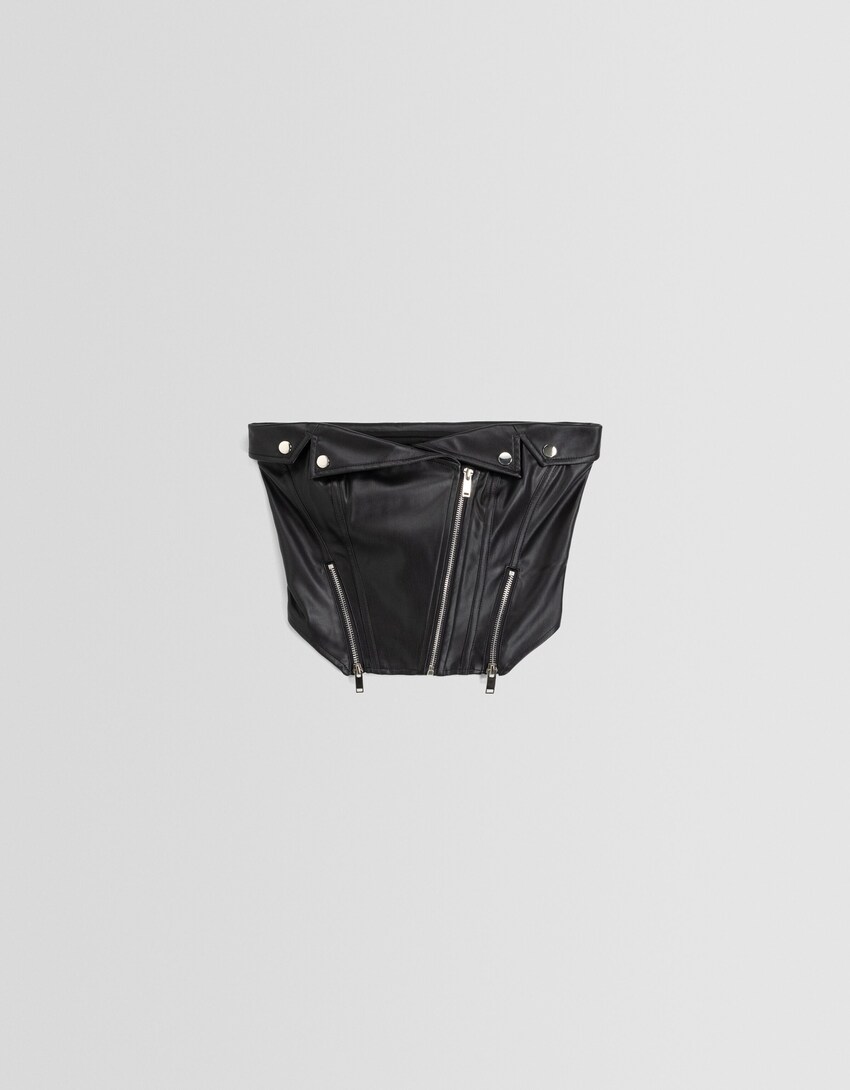 Faux leather cropped bustier top with zips - Women | Bershka