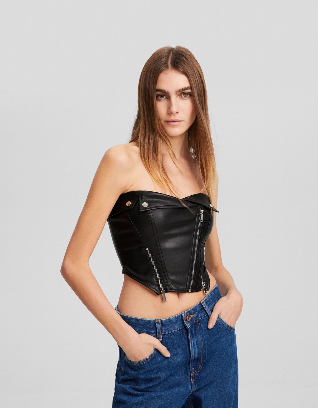Faux leather cropped bustier top with zippers