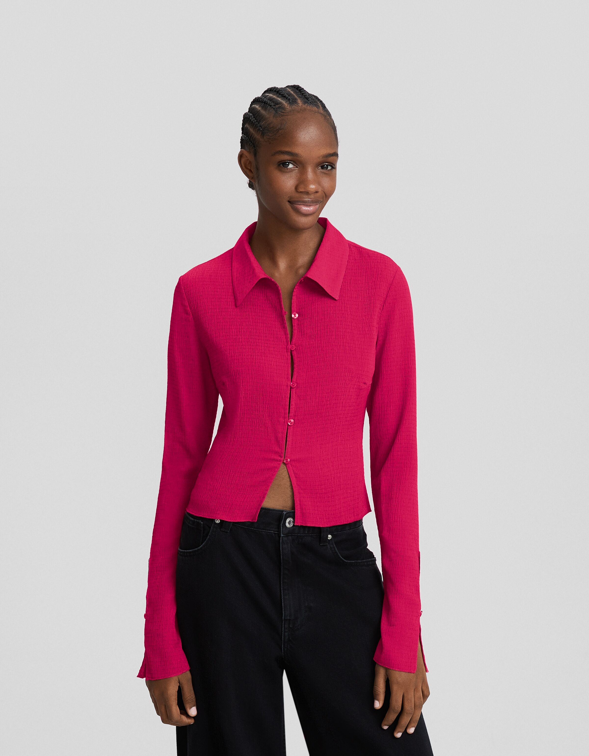 Long sleeve cropped fitted waffle-knit shirt - Shirts and blouses