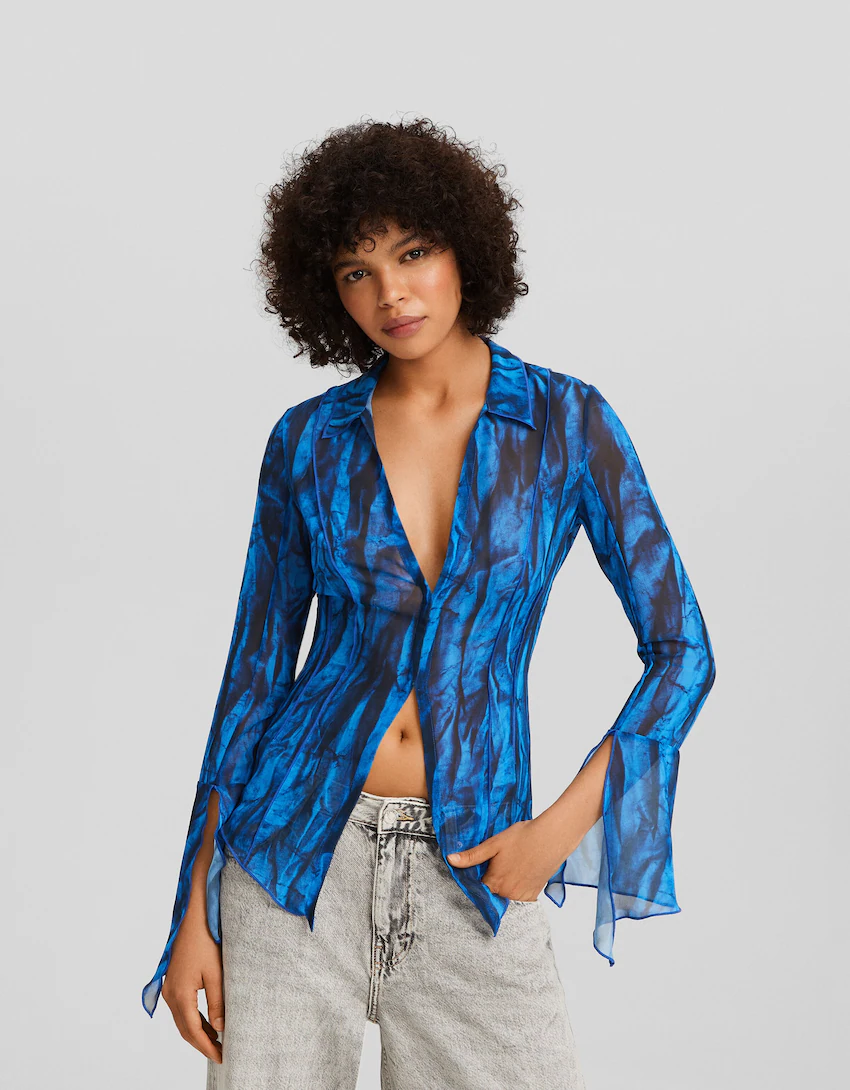 Printed long sleeve chiffon blouse-Blue-0