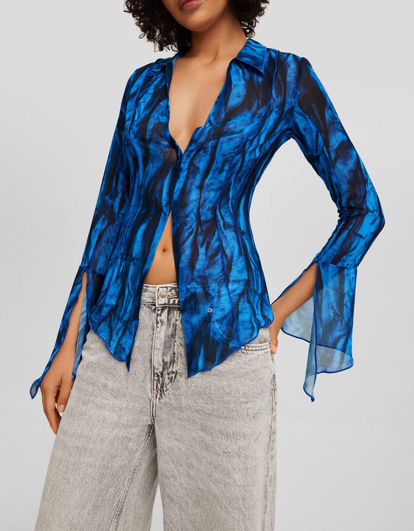 Printed long sleeve chiffon blouse-Blue-2