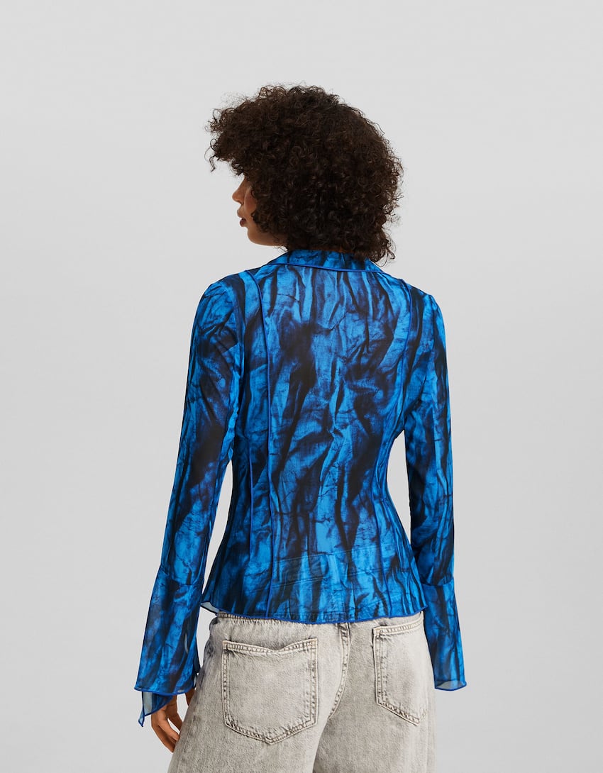 Printed long sleeve chiffon blouse-Blue-1