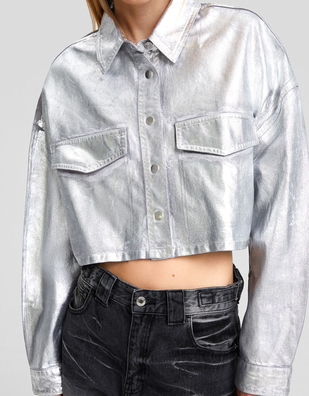 Metallic long sleeve fadedeffect twill shirt Women Bershka