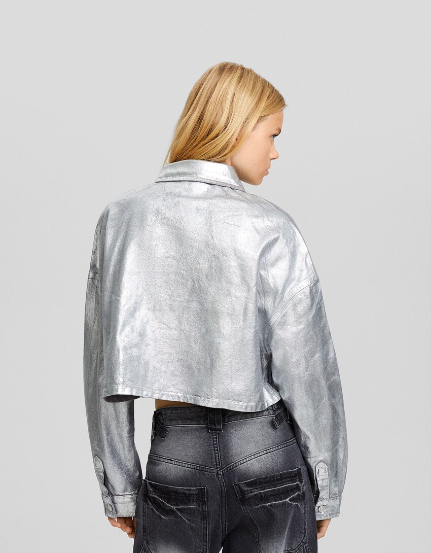 Metallic long sleeve faded-effect twill shirt - Women | Bershka