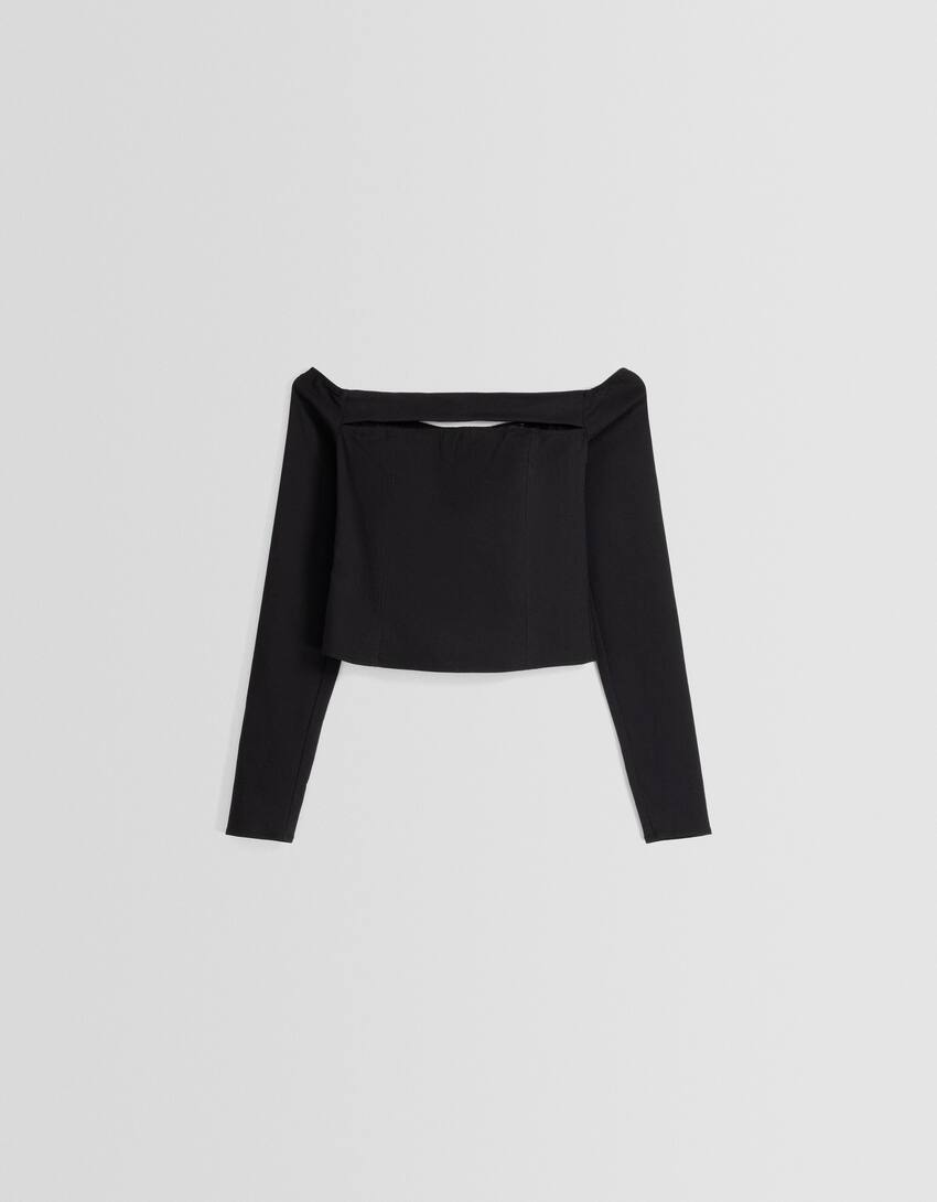 Long sleeve cut-out bengaline blouse-Black-4