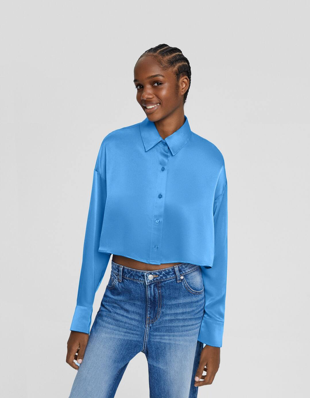 Satin long sleeve cropped shirt