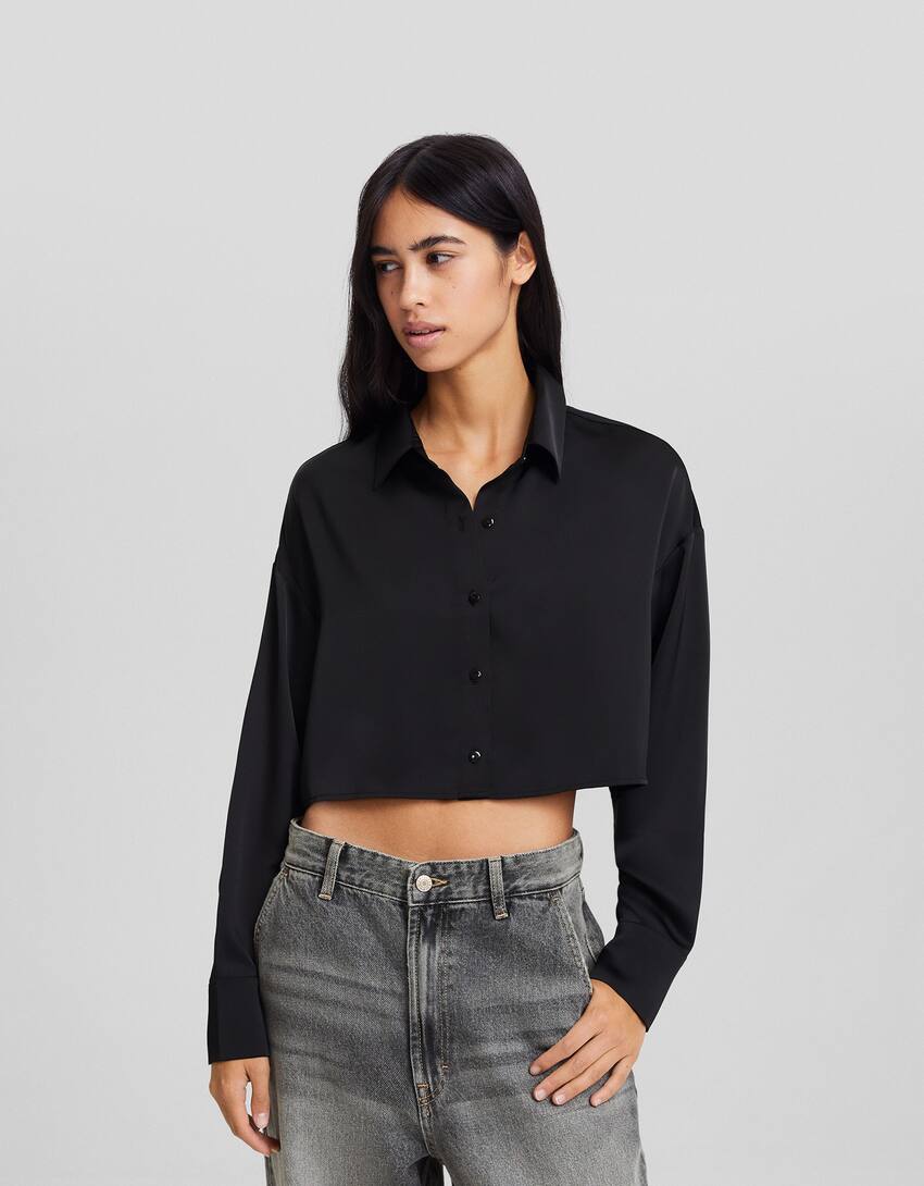 Satin Long Sleeve Cropped Shirt Women Bershka 