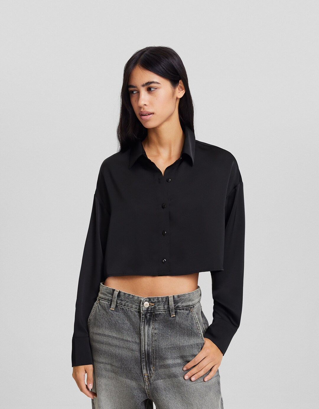 Satin long sleeve cropped shirt