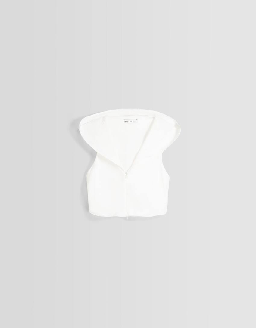 Sleeveless shirt with zip hood-White-4