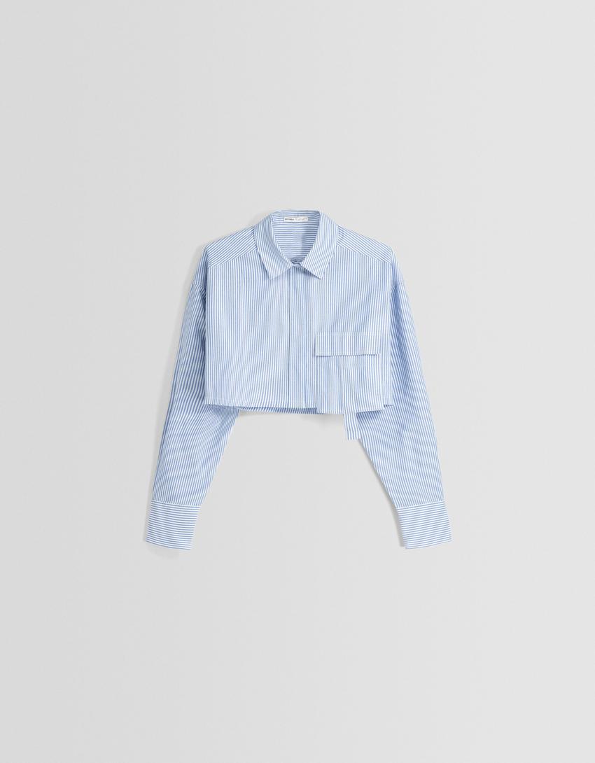 قميص بوبلين قصير بأكمام طويلة وحمالات-أزرق-4