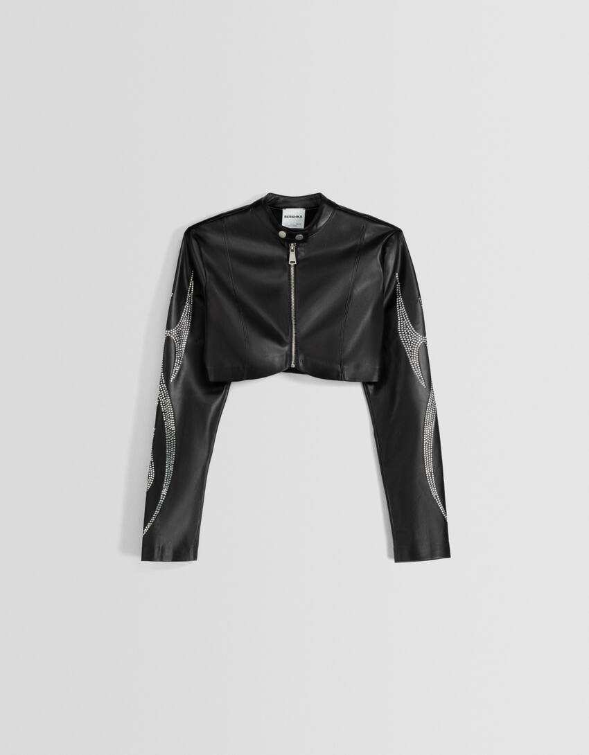 Cropped faux leather jacket with rhinestones - Women | Bershka
