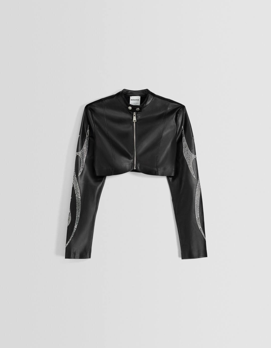 Leather effect rhinestone cropped jacket