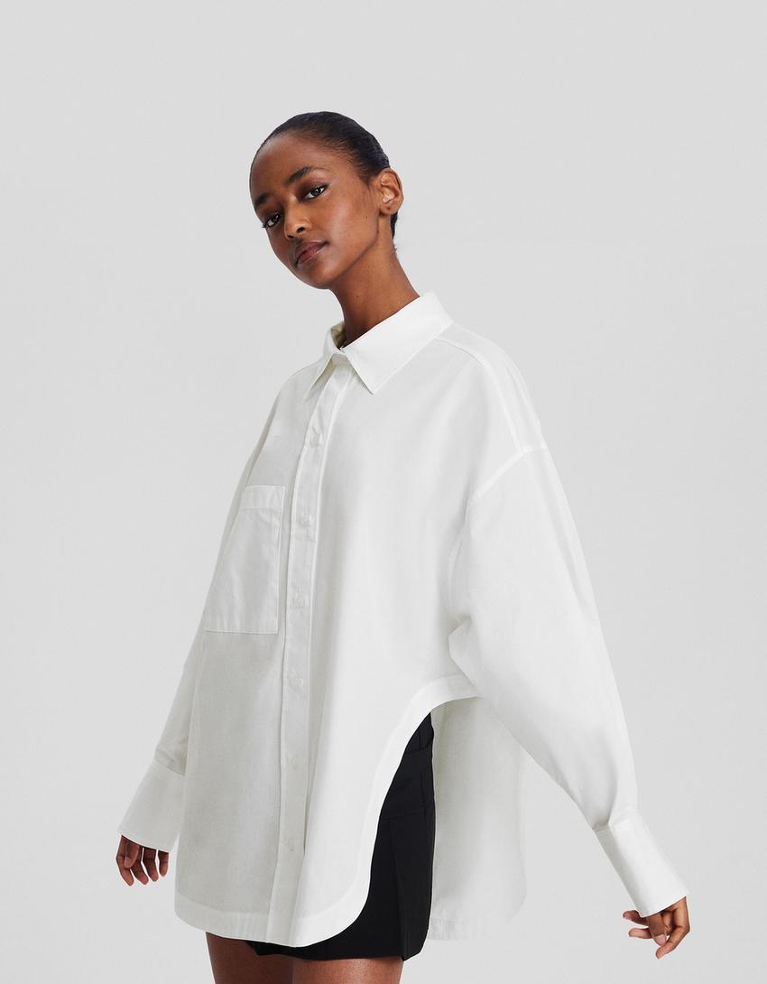 قميص بوبلين فضفاض بأكمام طويلة-أبيض-1