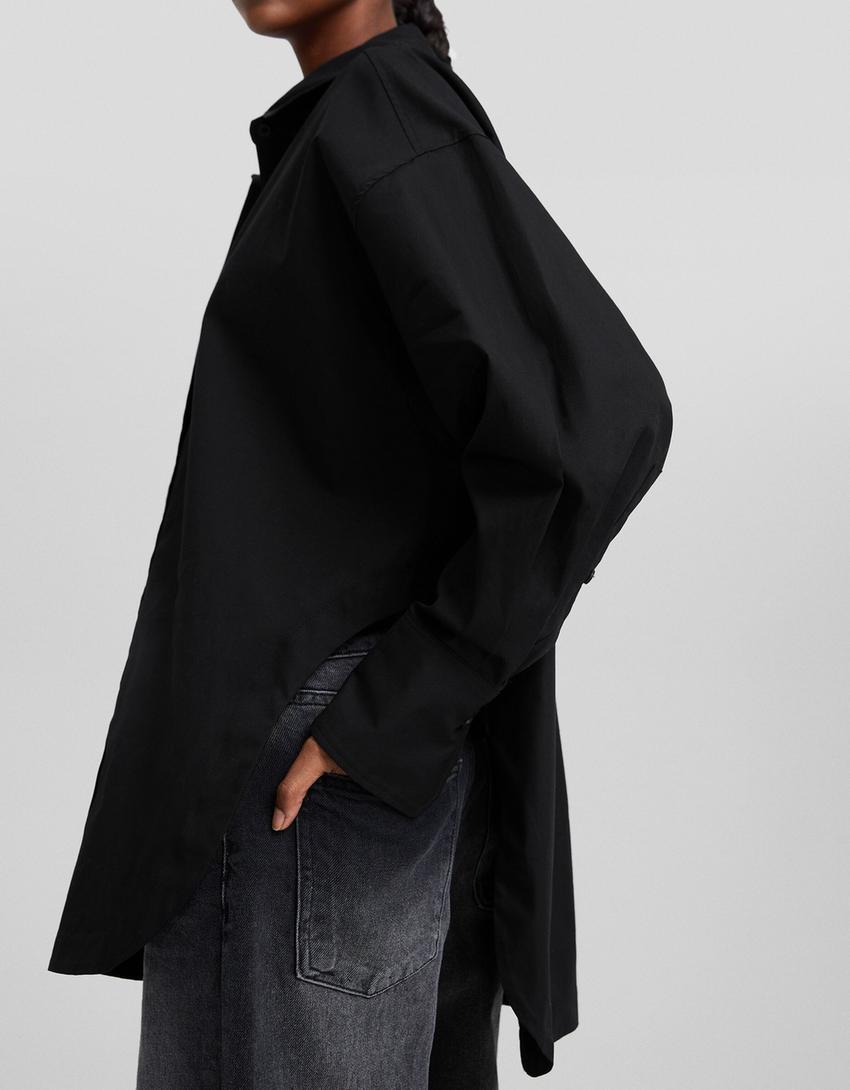 قميص بوبلين فضفاض بأكمام طويلة-أسود-2