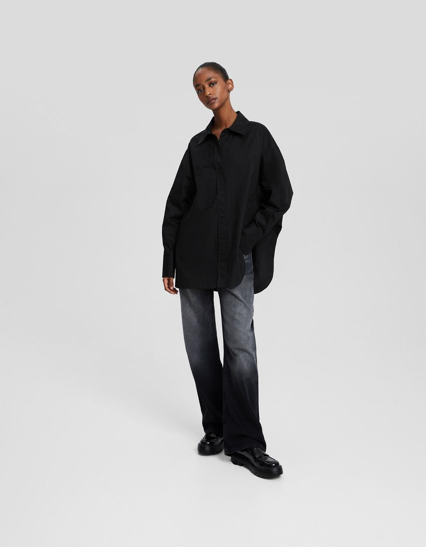 قميص بوبلين فضفاض بأكمام طويلة-أسود-3