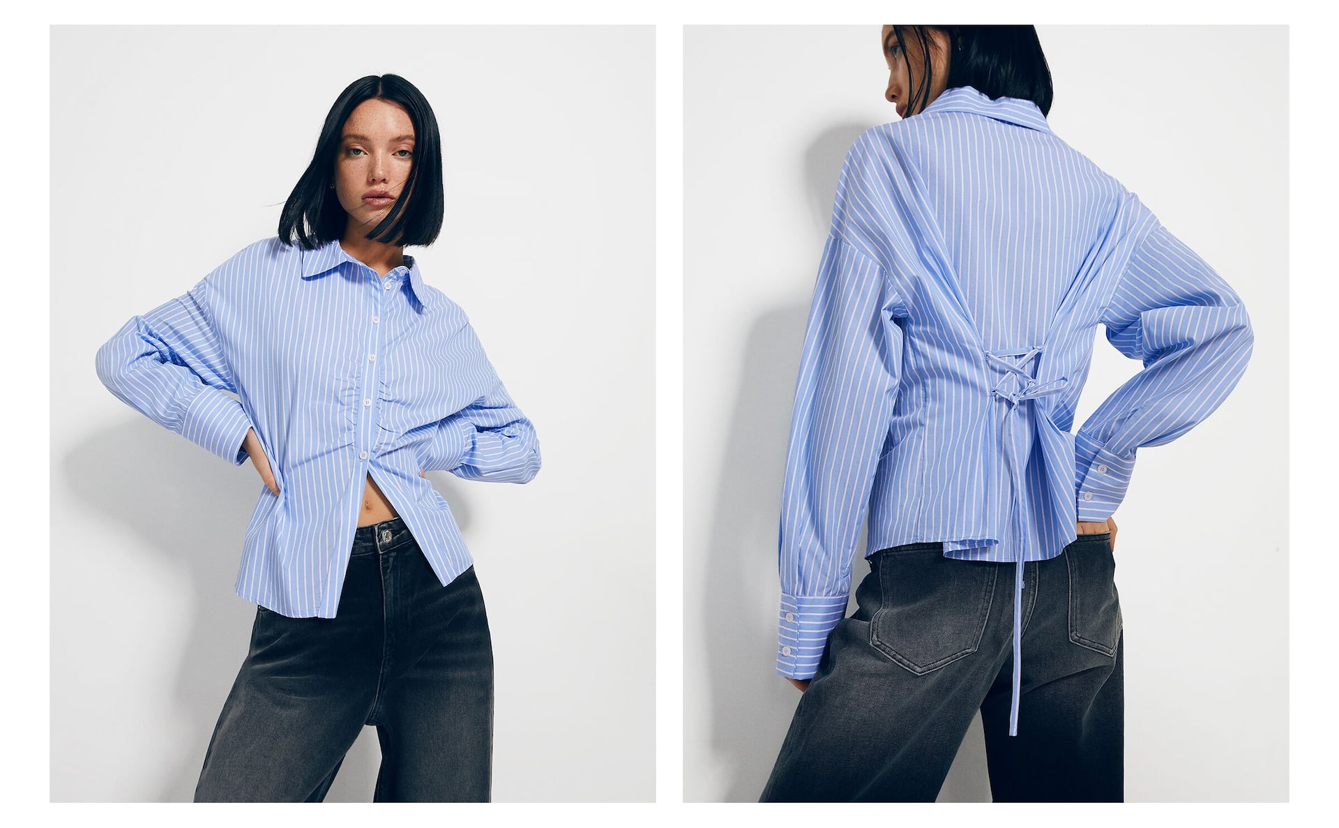 Long sleeve striped poplin shirt with gathered detail