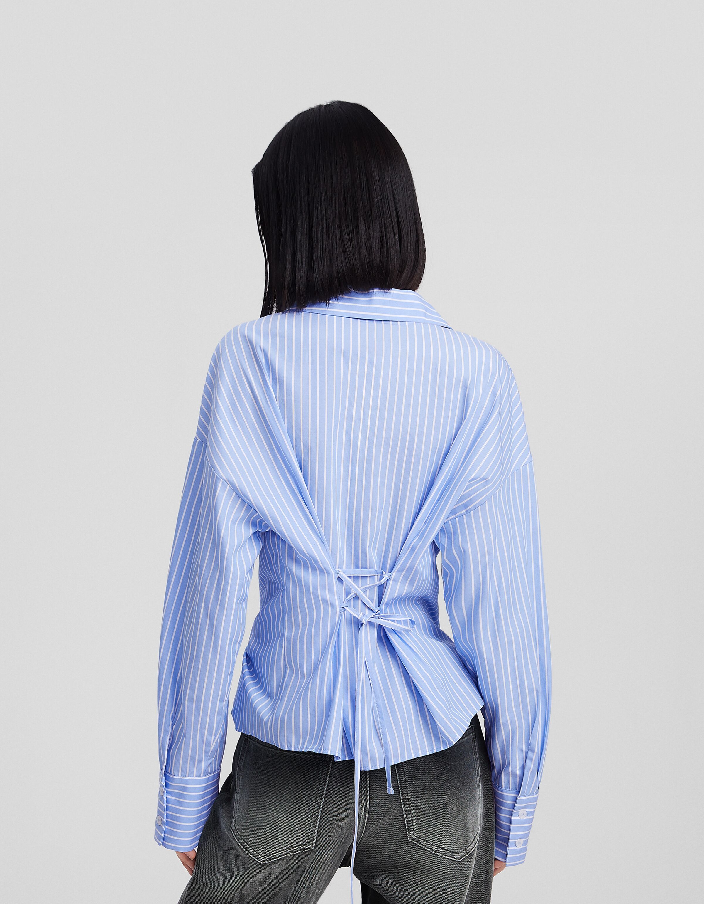 Long sleeve striped poplin shirt with gathered detail - Shirts and