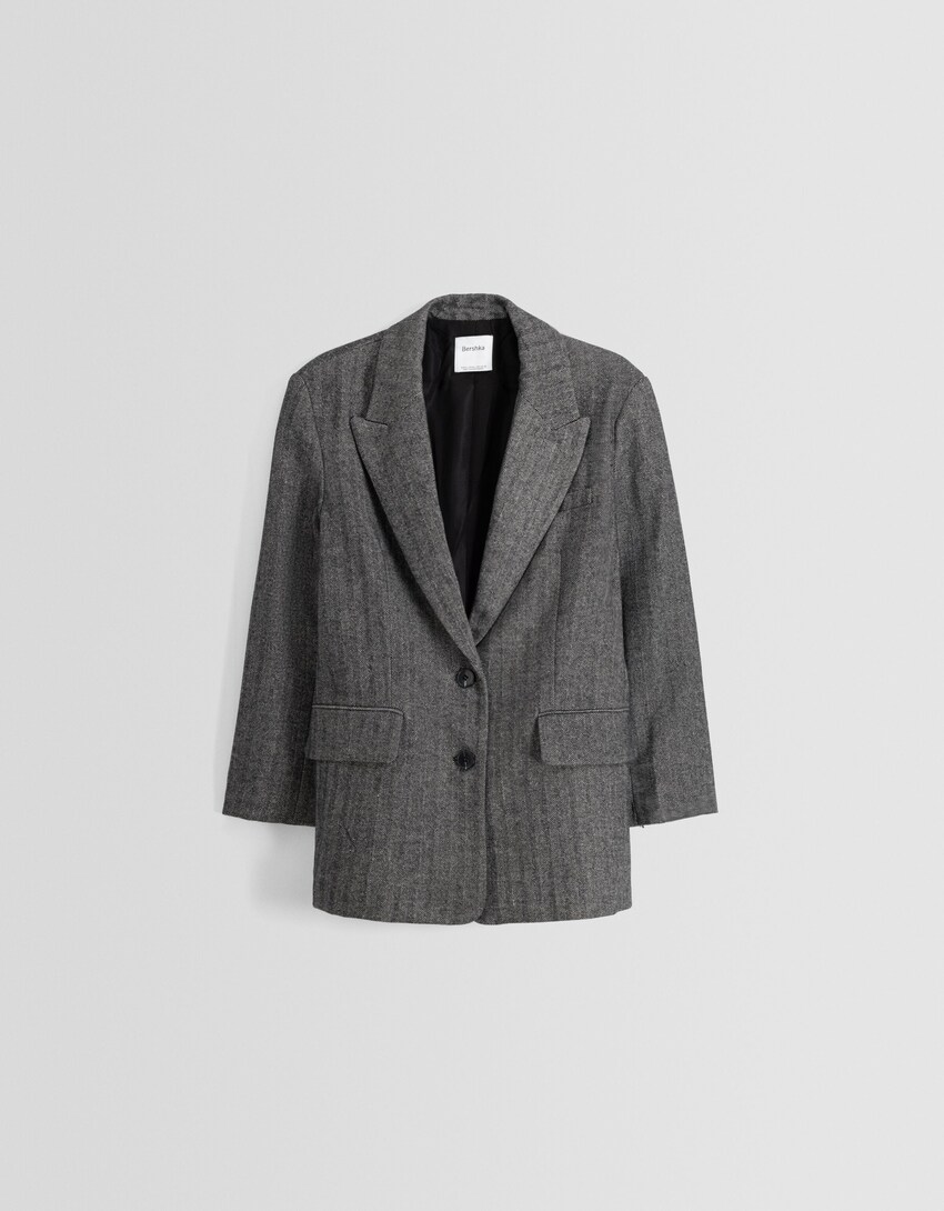 Herringbone blazer with wool detail-Grey-4