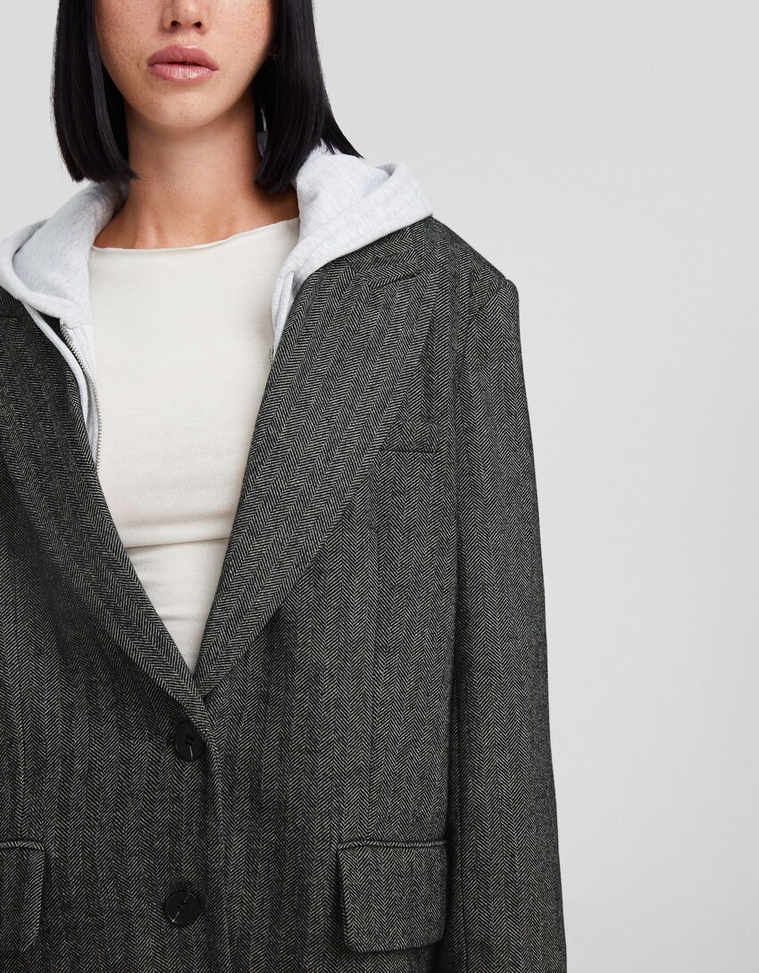 Herringbone blazer with wool detail-Grey-2