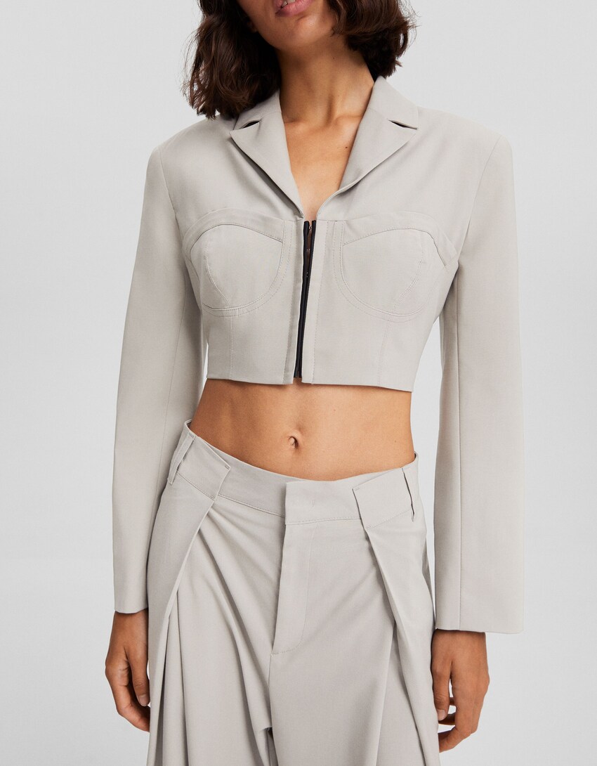 Cropped blazer with detail-Grey-2