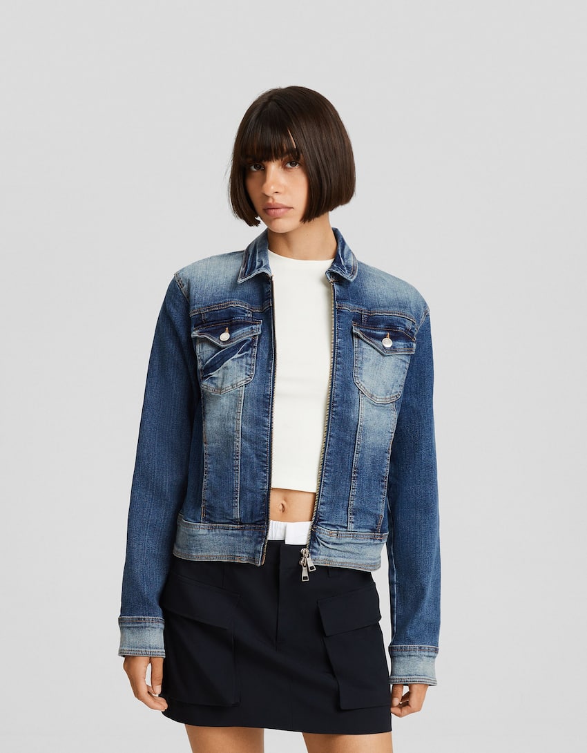 Denim jacket with zip-Washed out blue-0