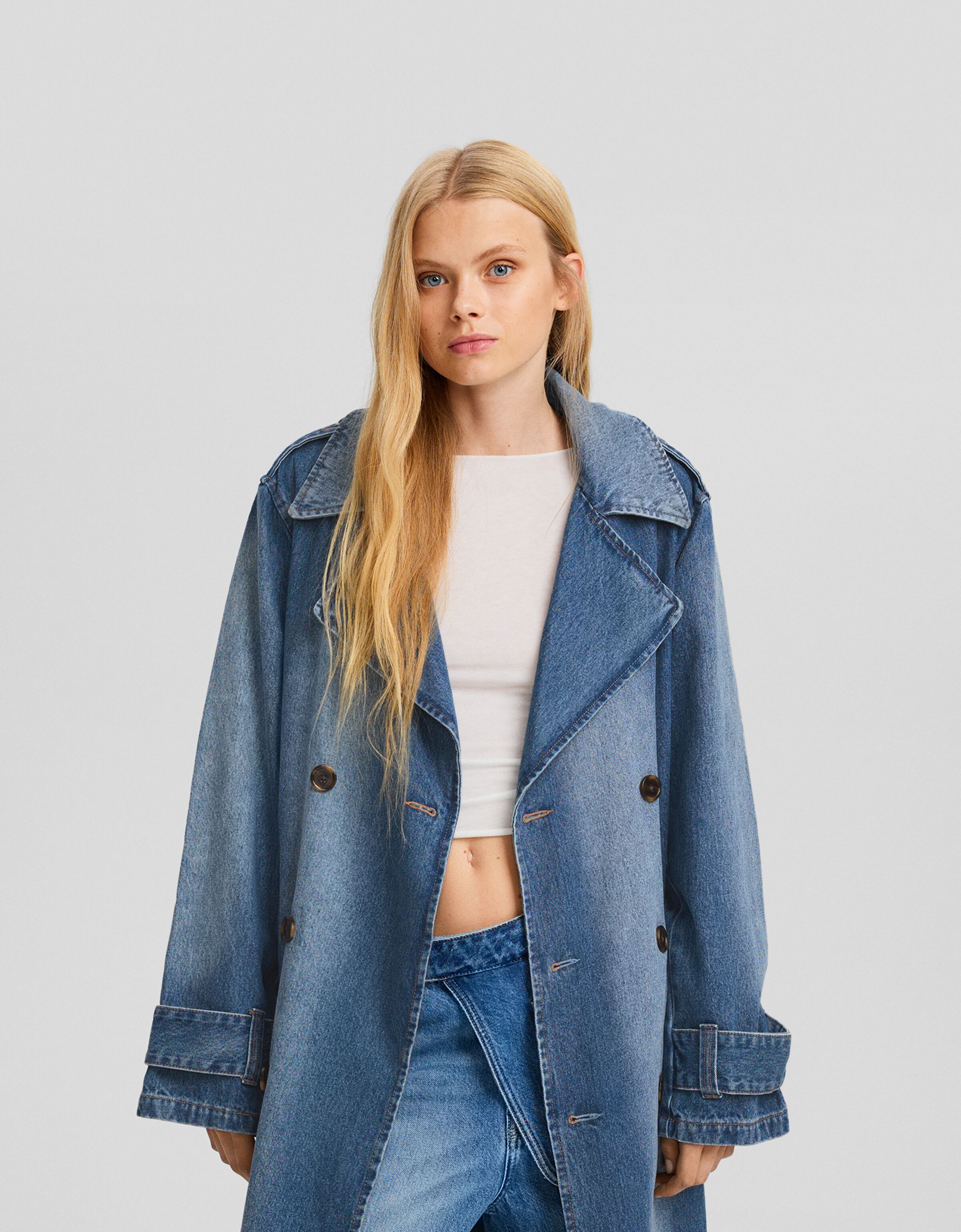 Long denim coat Women Bershka