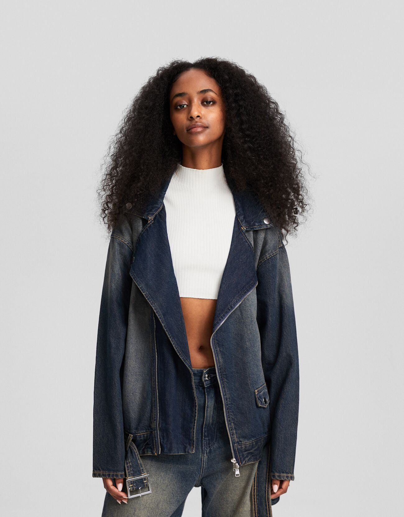 Faded effect oversize denim biker jacket - Promotion up to 40% off 