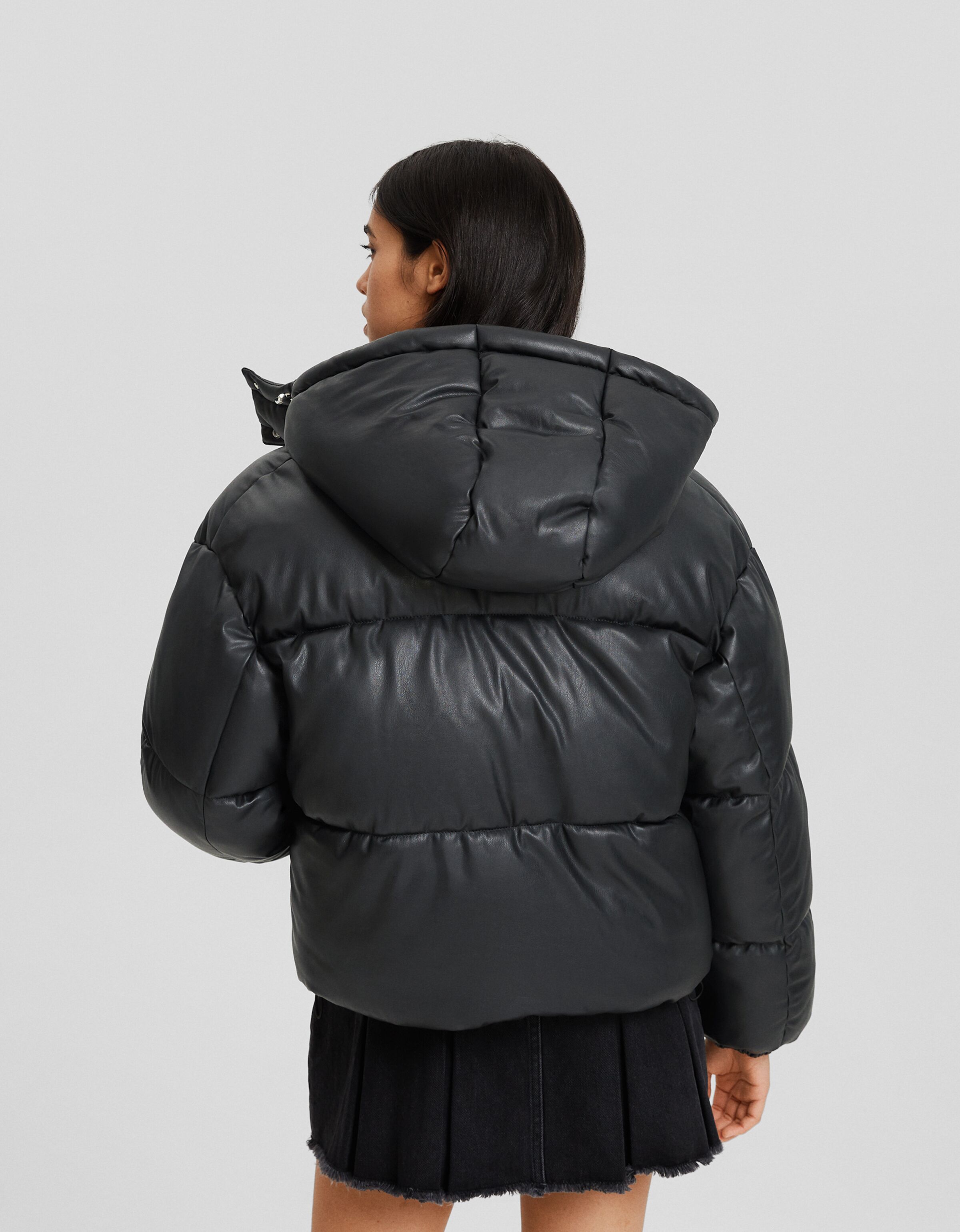 Doudoune capuche similicuir Similicuir Femme Bershka