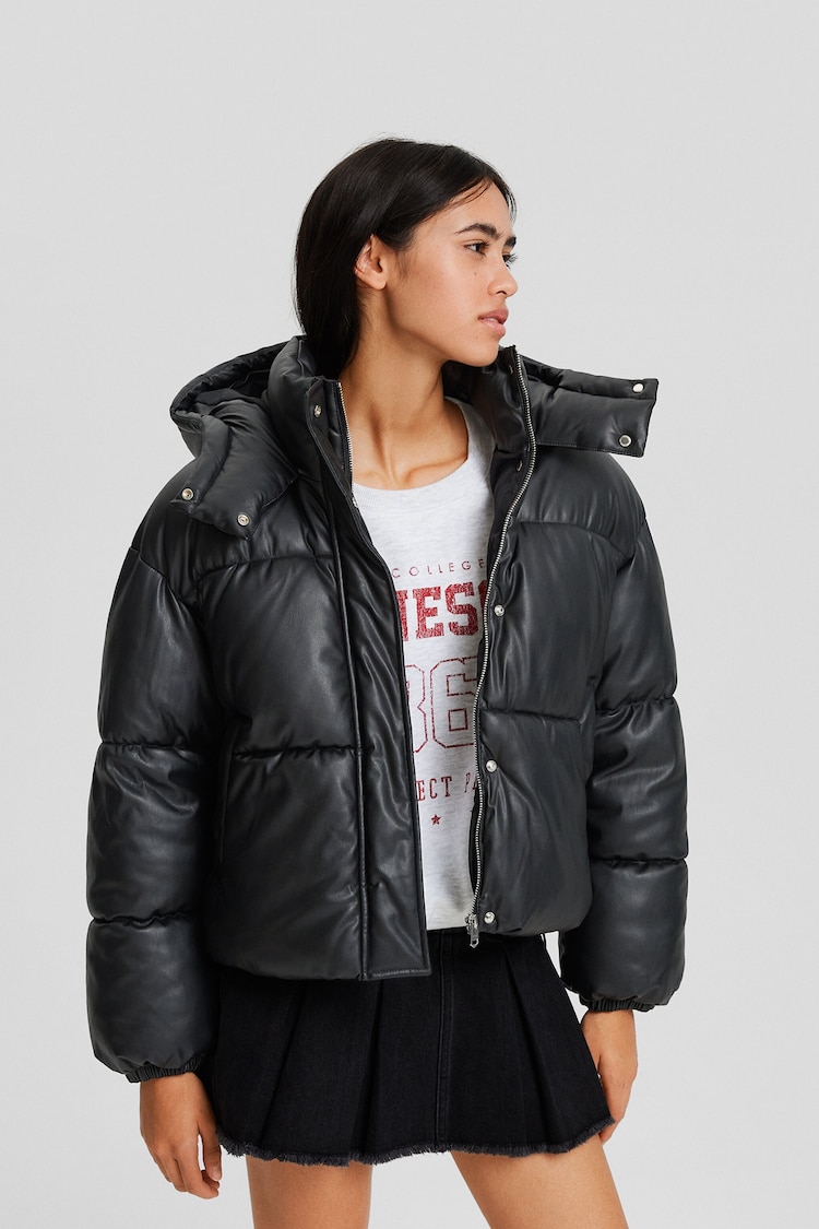 Bershka padded puffer jacket with hood in reflective gray