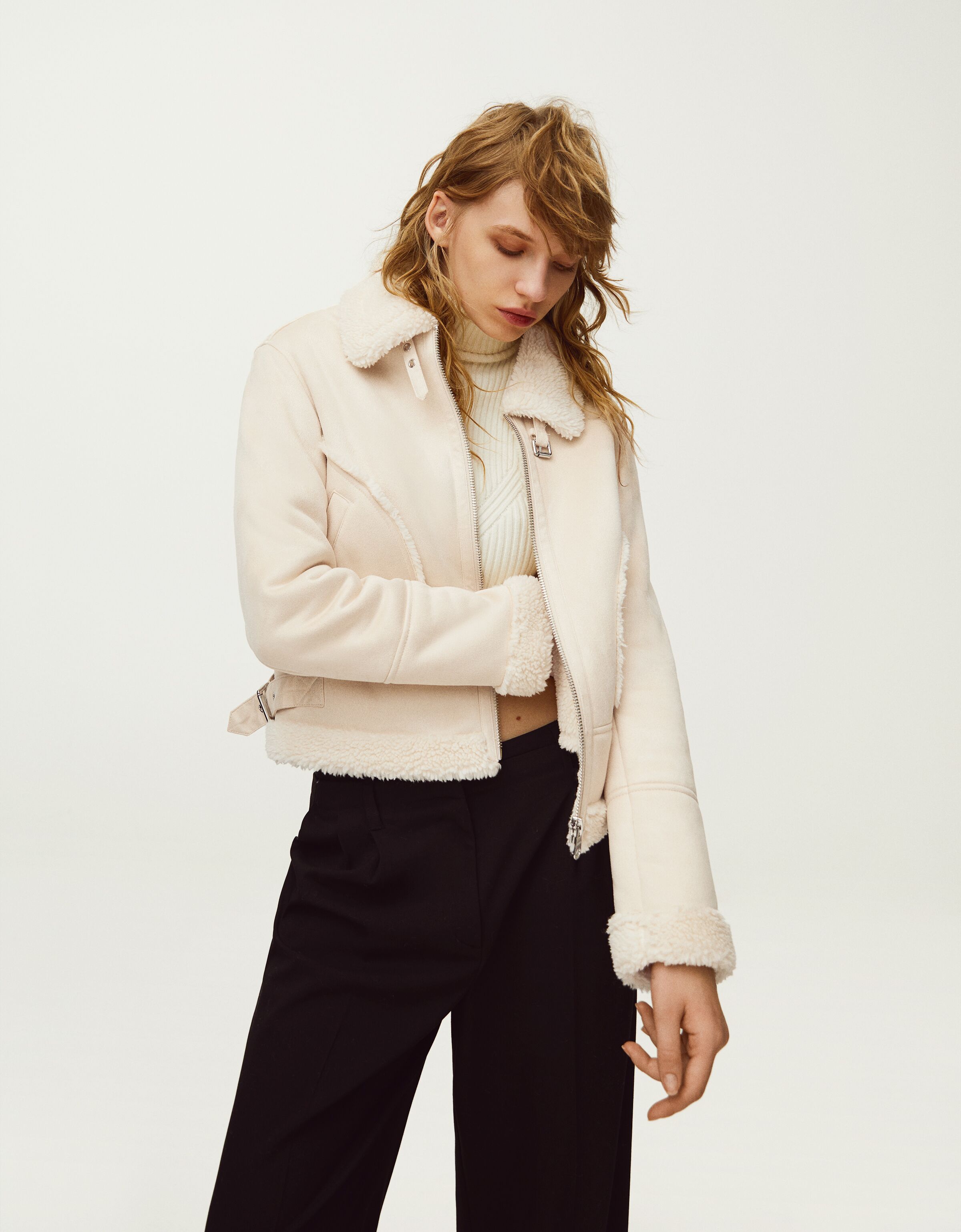 Double faced cropped faux suede jacket Shearling Women Bershka