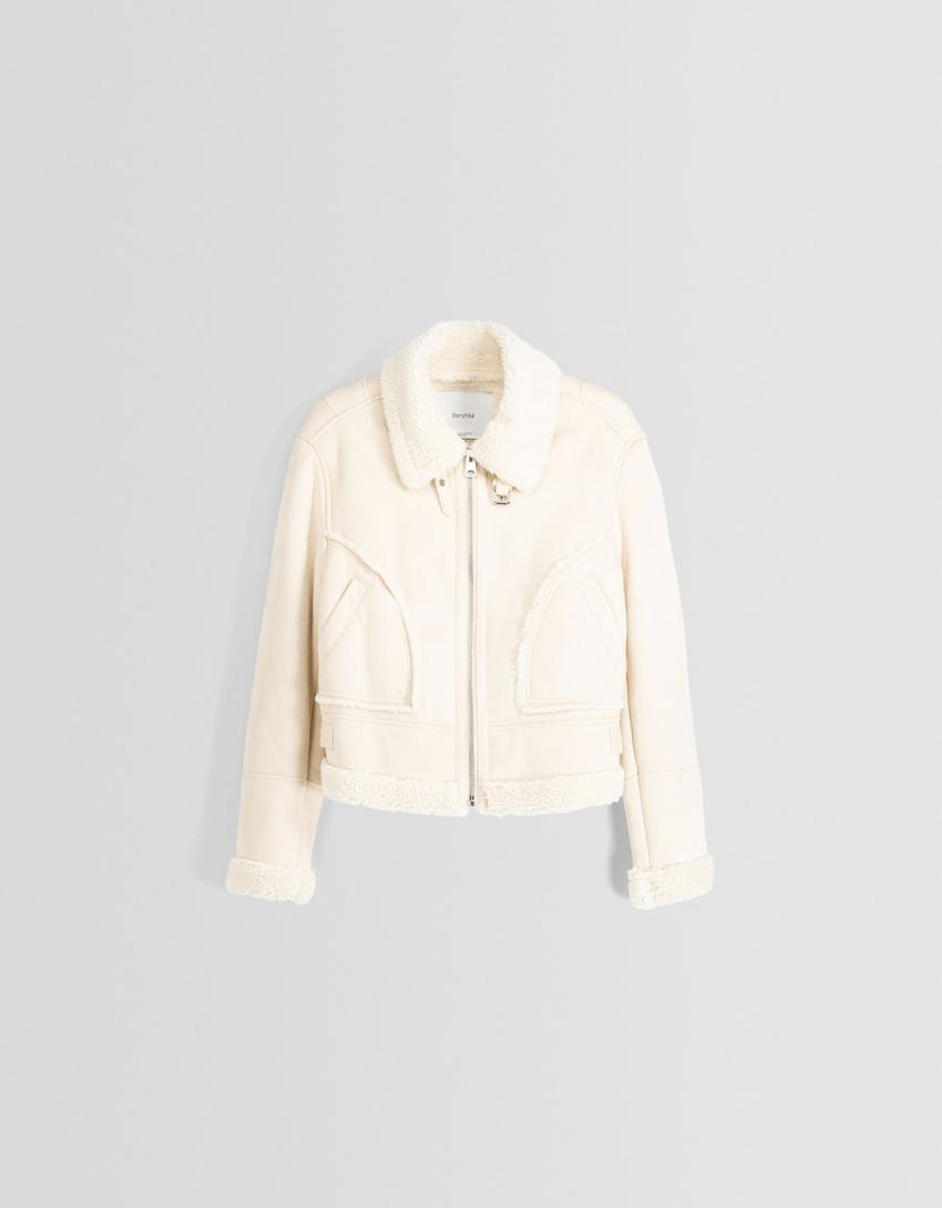 Double-sided cropped faux suede jacket-Cream-0
