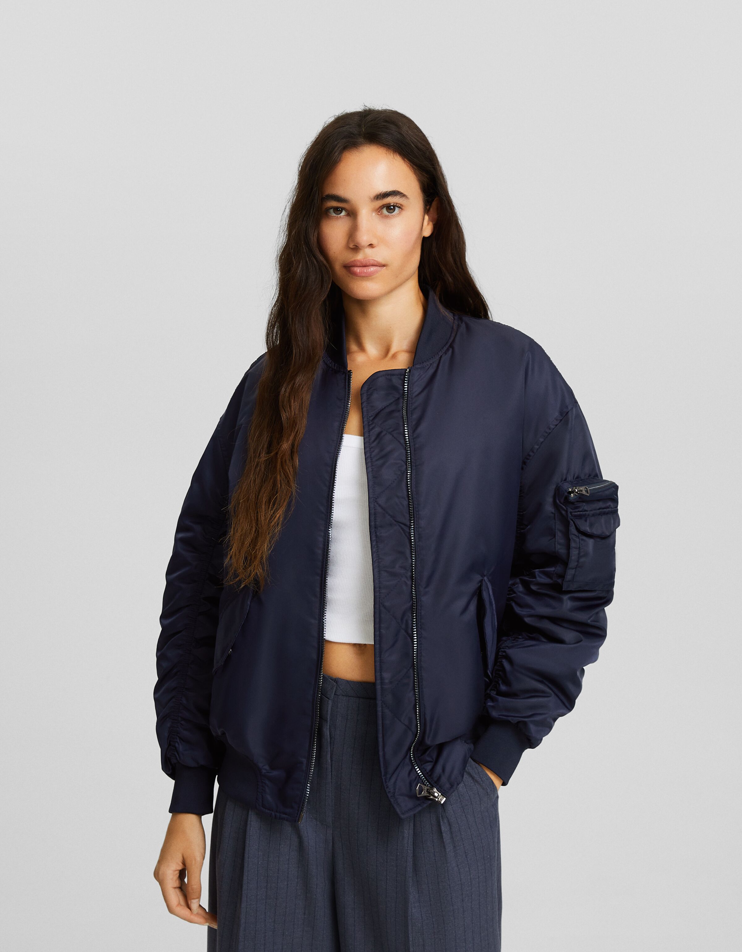 Nylon blend bomber style puffer jacket