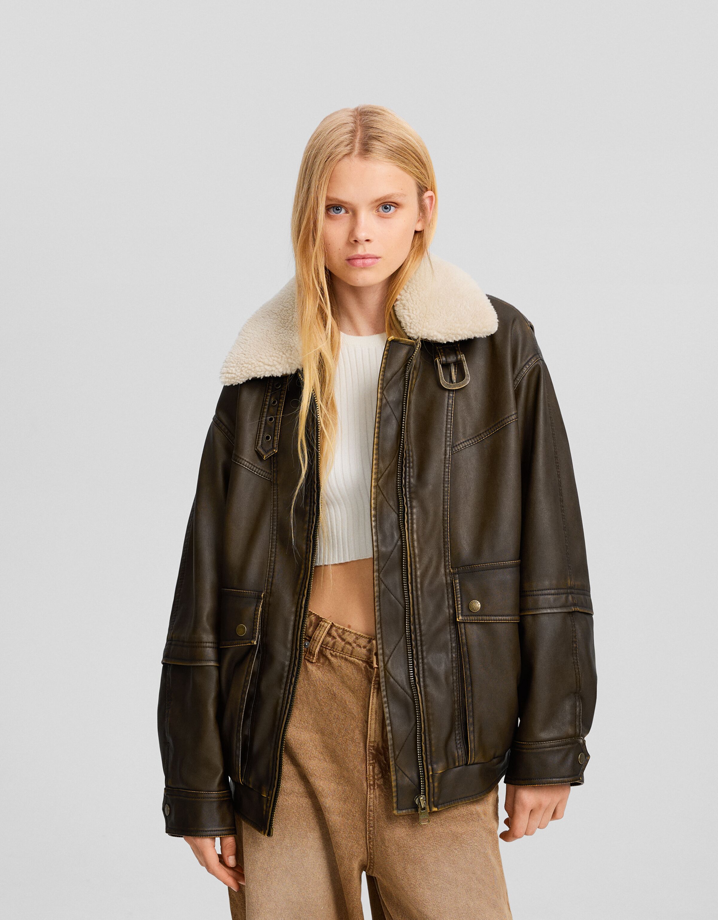 Distressed double-sided faux leather aviator jacket - Jackets